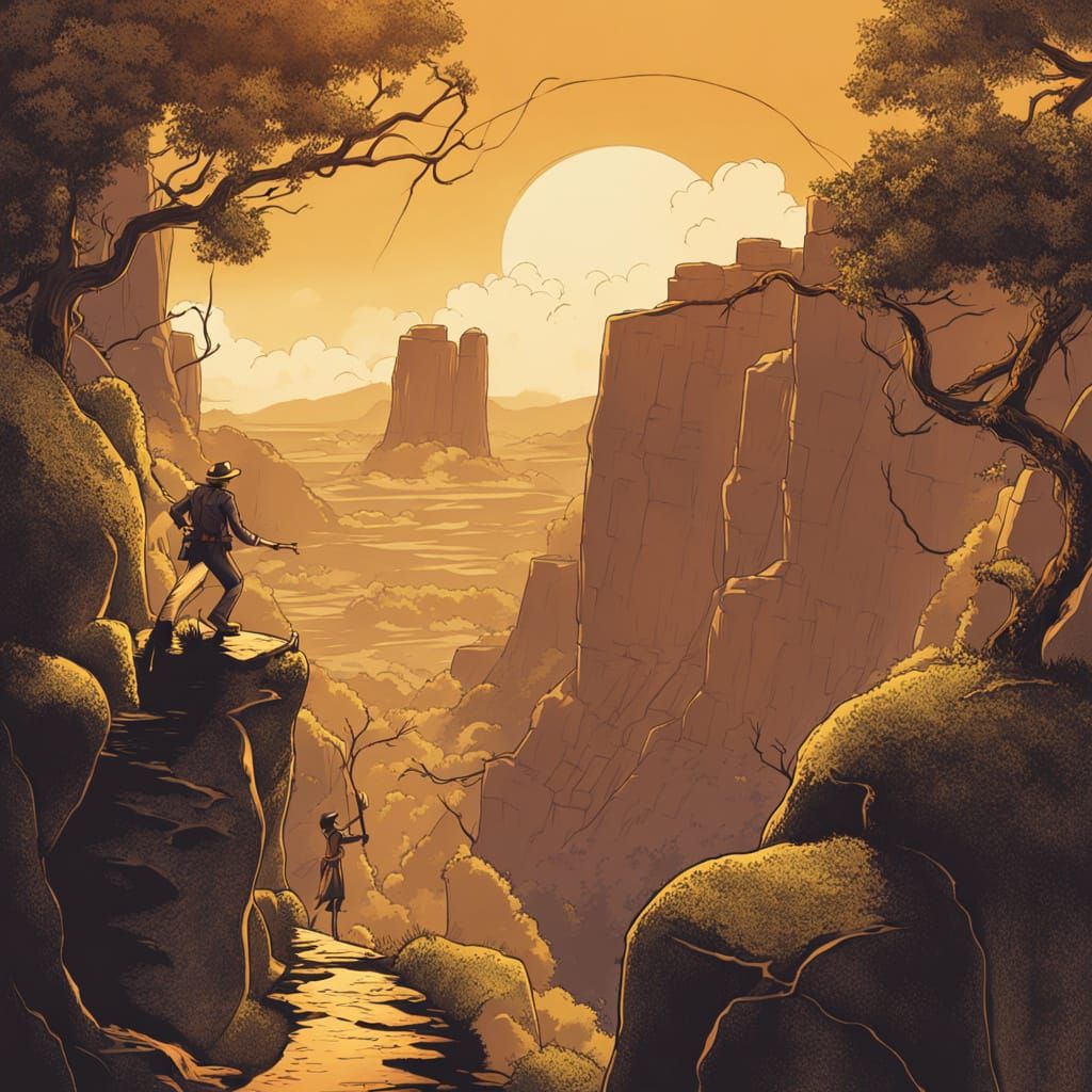 Adventurer Swinging Across Canyon in Indiana Jones Style