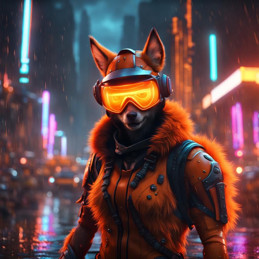Furry Protogen with Neon Visor in Rainy City