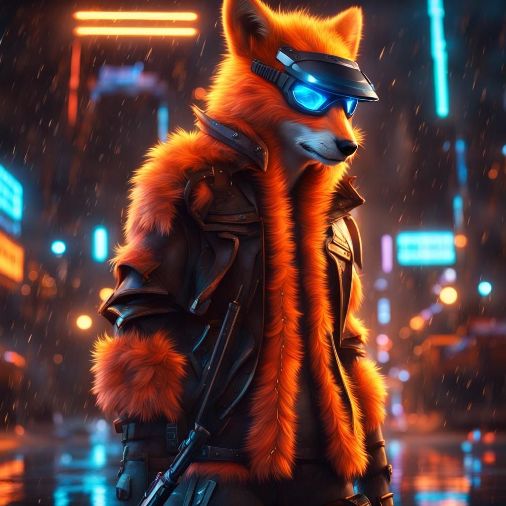 Furry Protogen with Neon Baton in Rainy City
