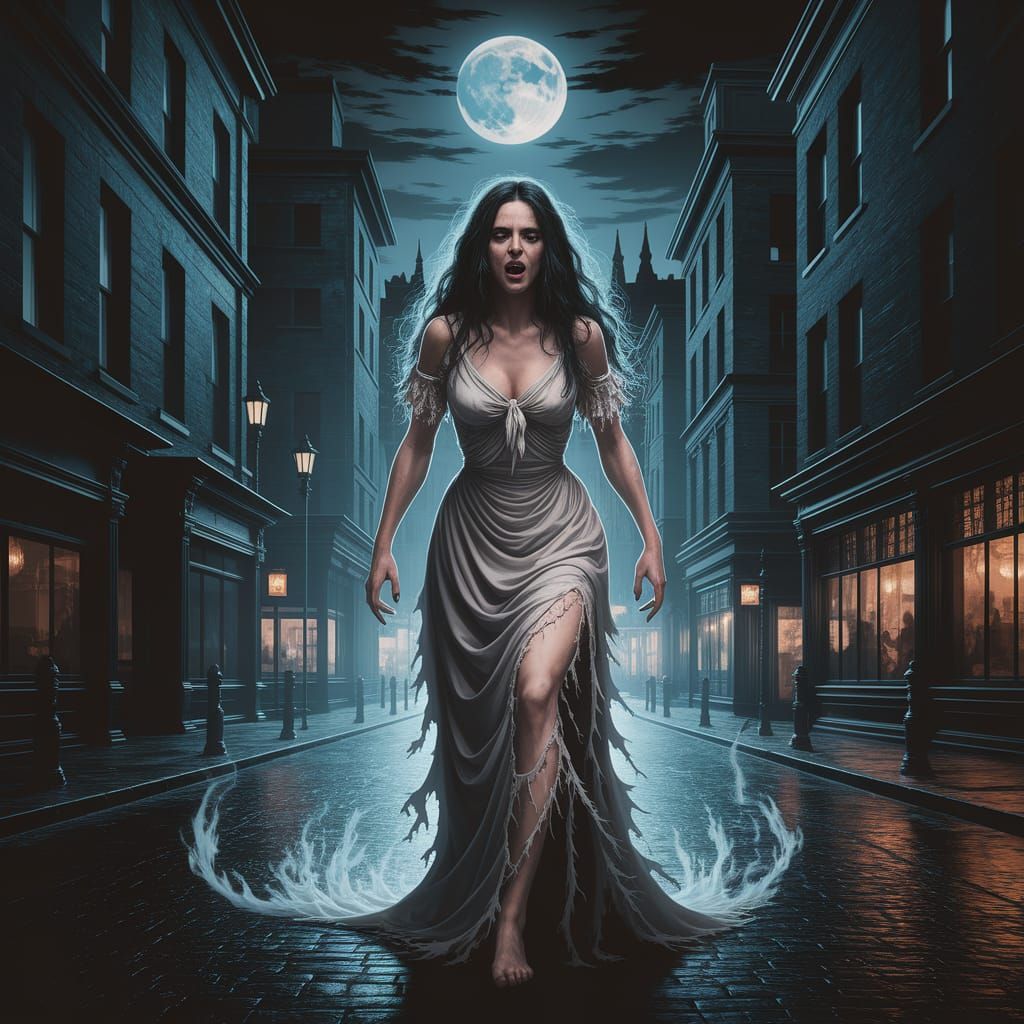 Spectral La Llorona Walks Dark Urban Streets Under Moonlight