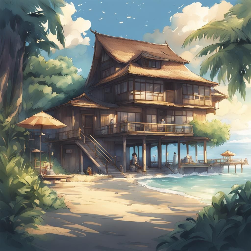 Bali Beach House in Anime Key Visual Style