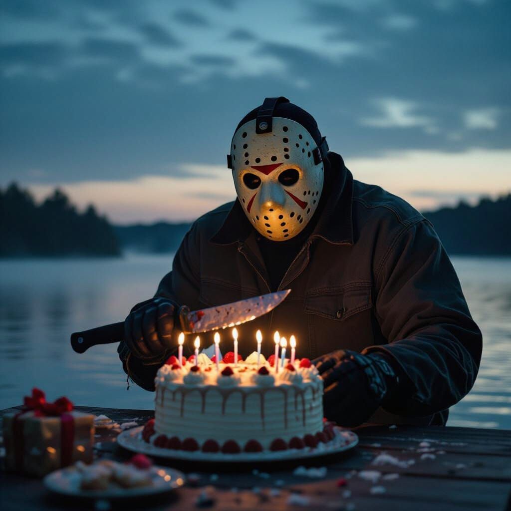 Jason-like Villain Slices Birthday Cake by Eerie Lake