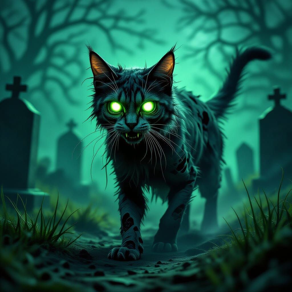Eerie Zombie Cat in Graveyard with Glowing Eyes