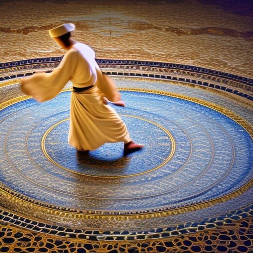 HD ultra detailed photo of the mystical Whirling Dervish levitating off of the gold tiled floor as they gracefully spin.