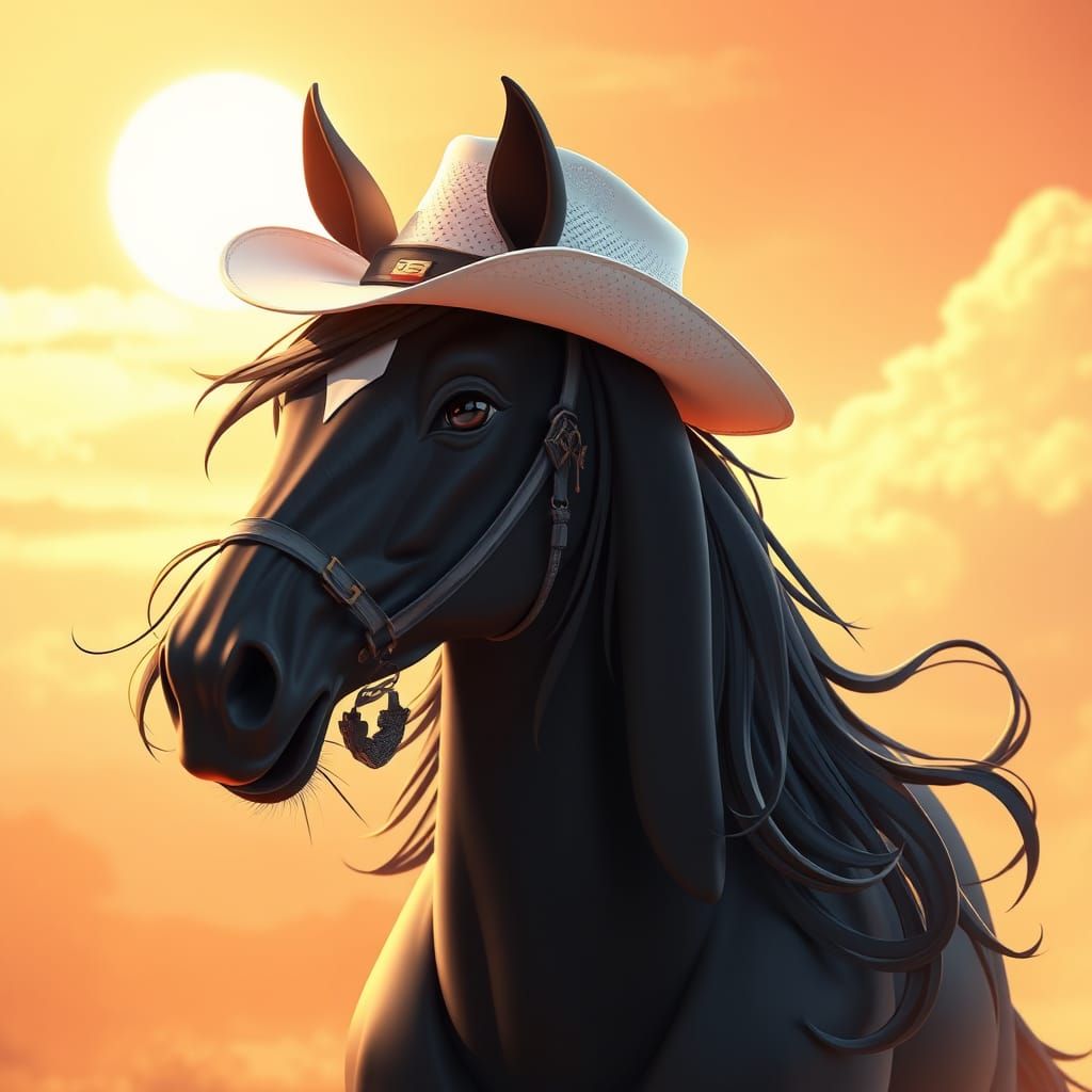 Majestic Black Horse in Cowboy Hat