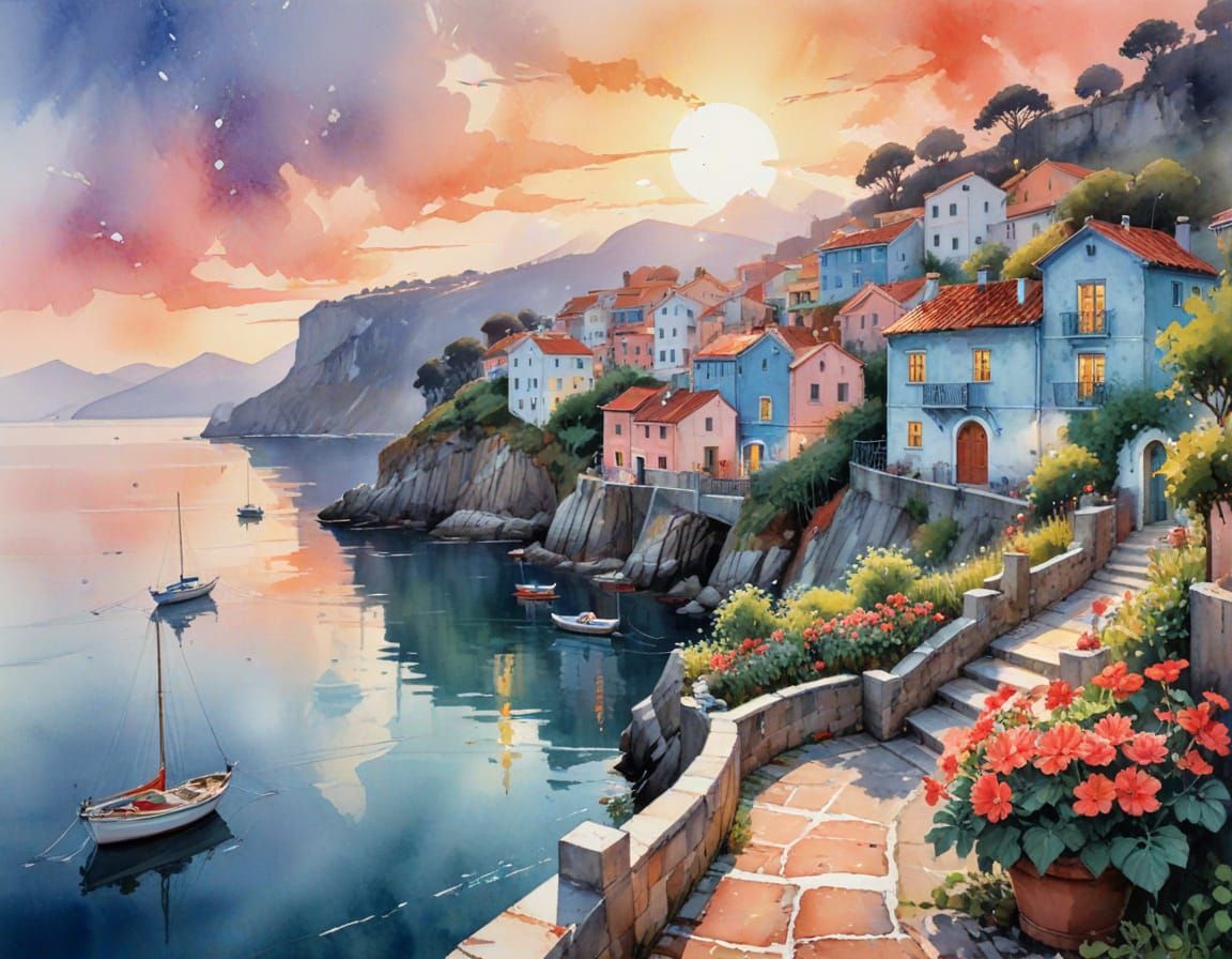 Coastal Village: Watercolor Painting with Pastel Colors
