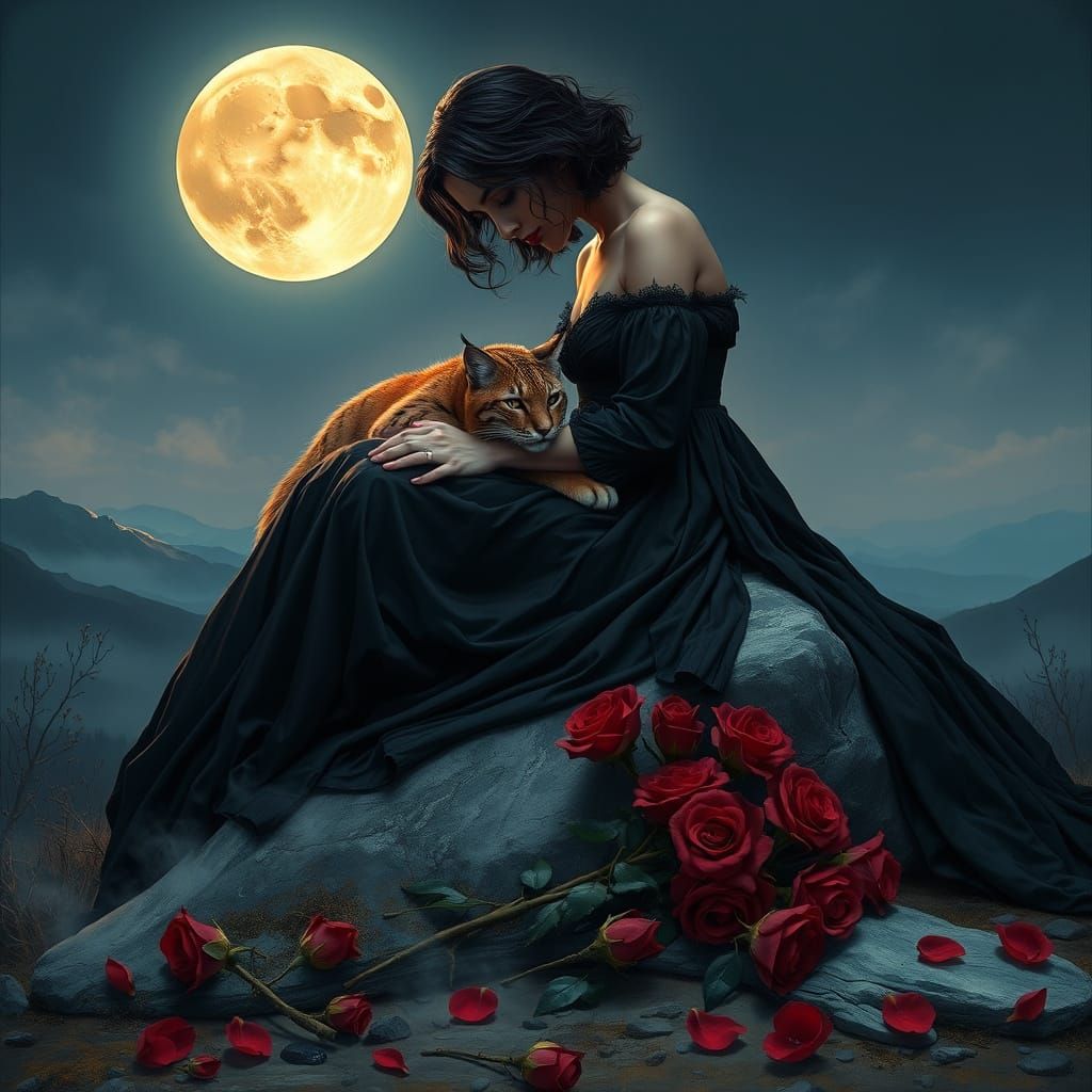 Woman in Moonlit Solitude with Luminous Lynx