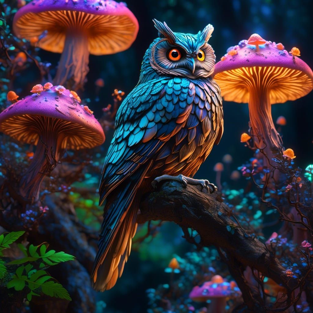 Bioluminescent Owl in Bioluminescent Mushroom Palace: 3D Ren...
