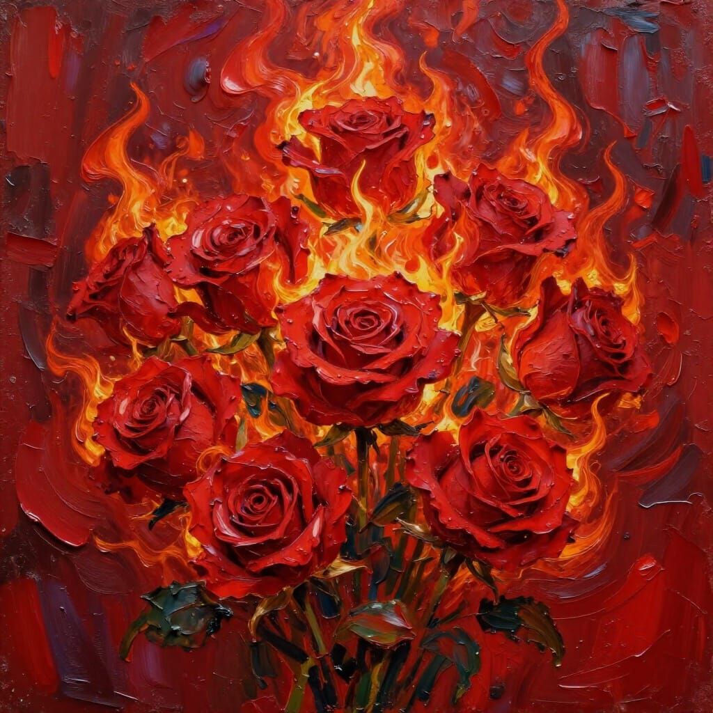 Fiery Red Roses Explosion in Expressionist Style