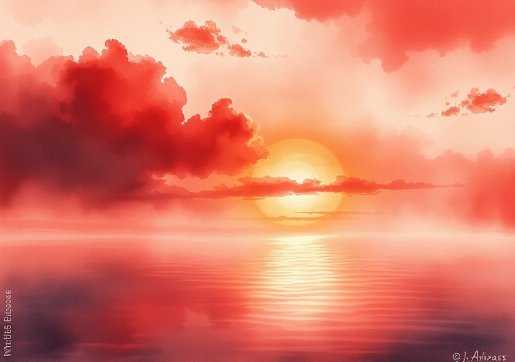 Ethereal Red Sunset Landscape Watercolour Painting