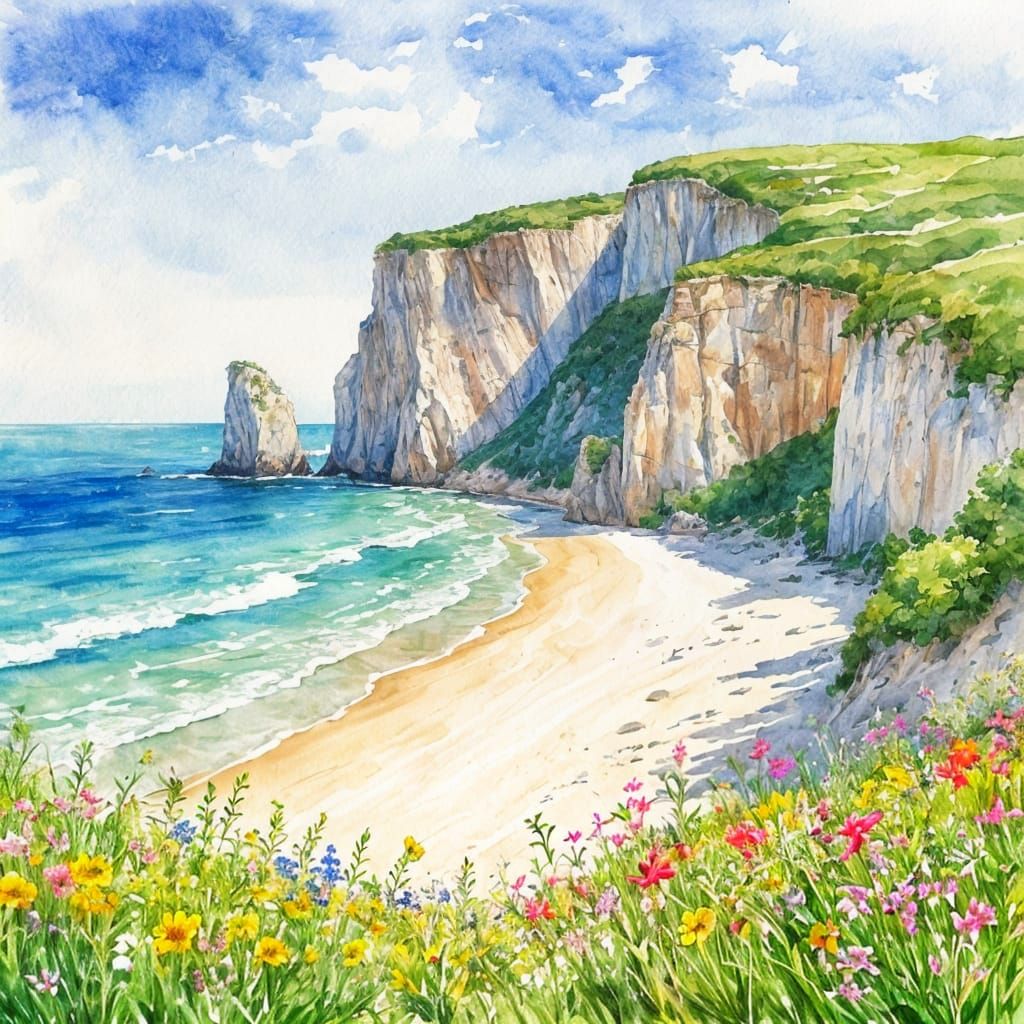 Sunny Beach With Wildflowers and Cliffs in Watercolor