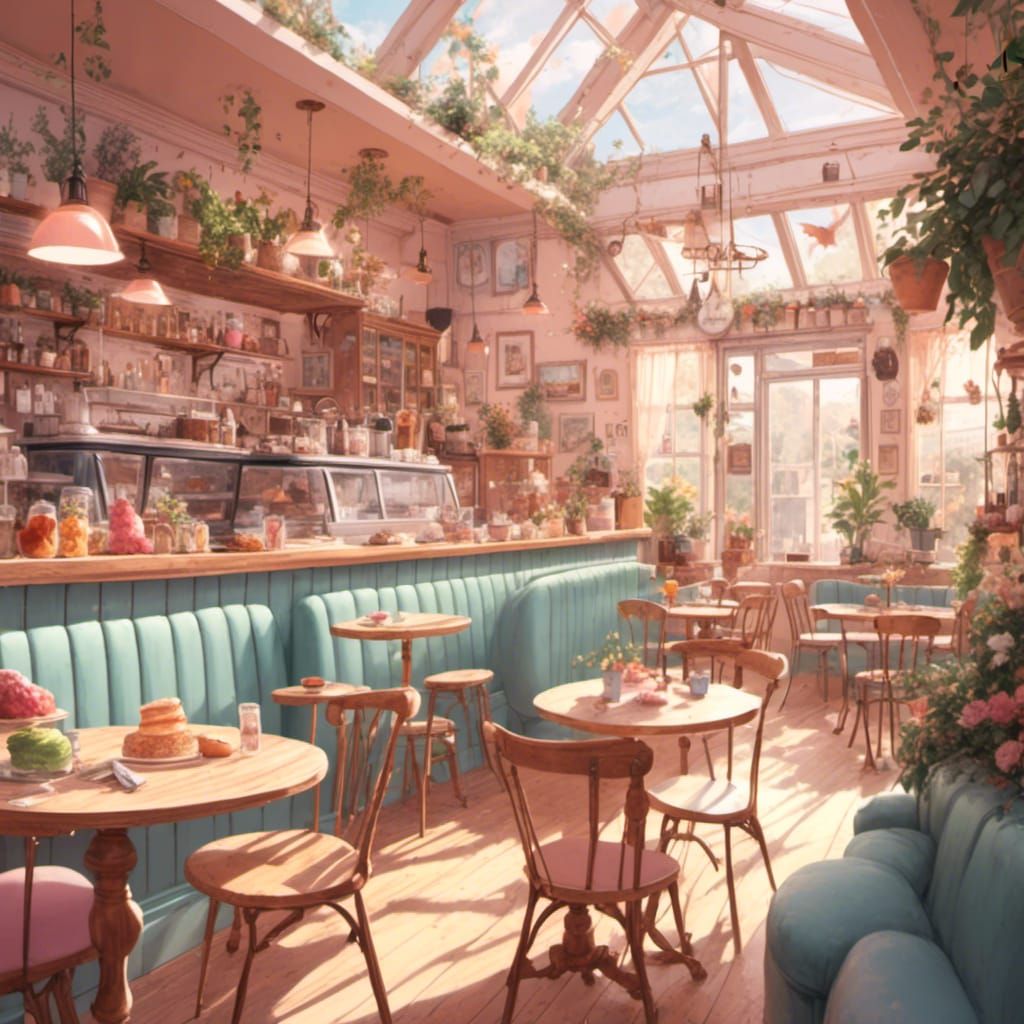 Charming Pastel Cafe Interior in Lo-fi Style