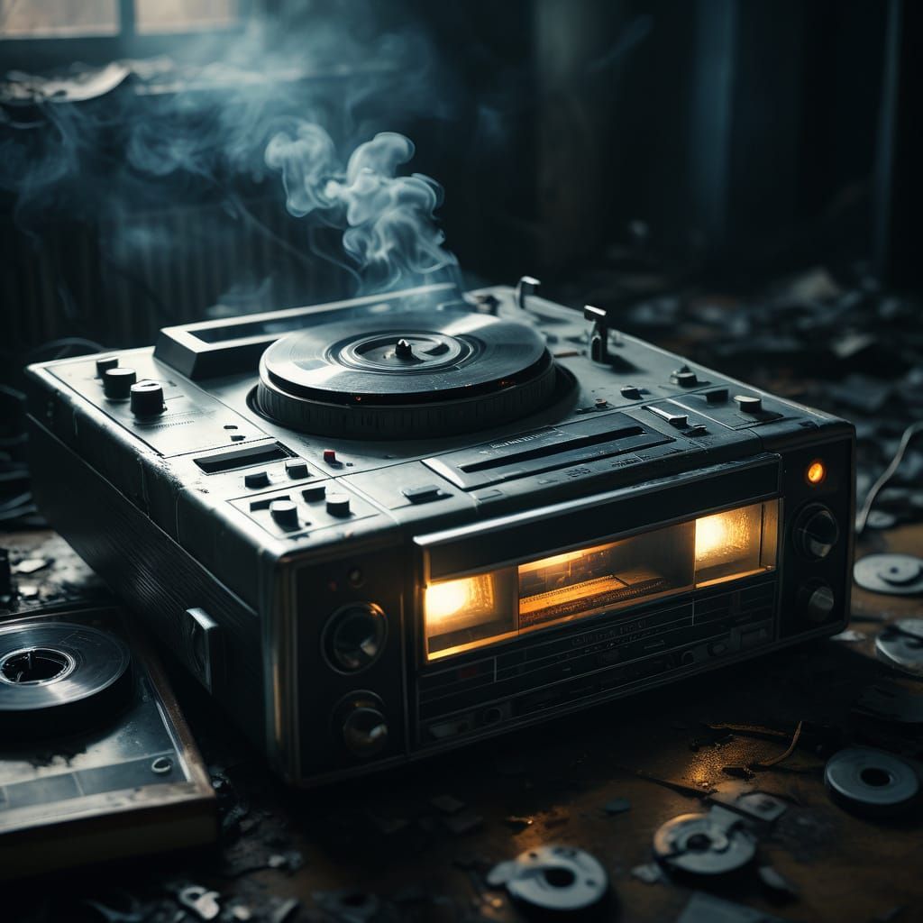 Haunting Close-Up of a Damaged Tape Recorder in a Dark, Mood...