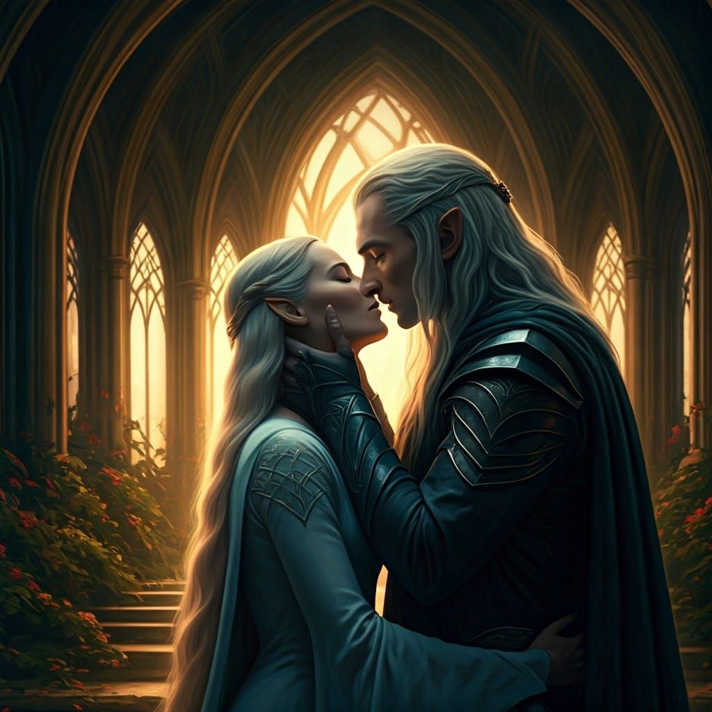 Elrond and Galadriel Kiss in Hyperrealistic Style