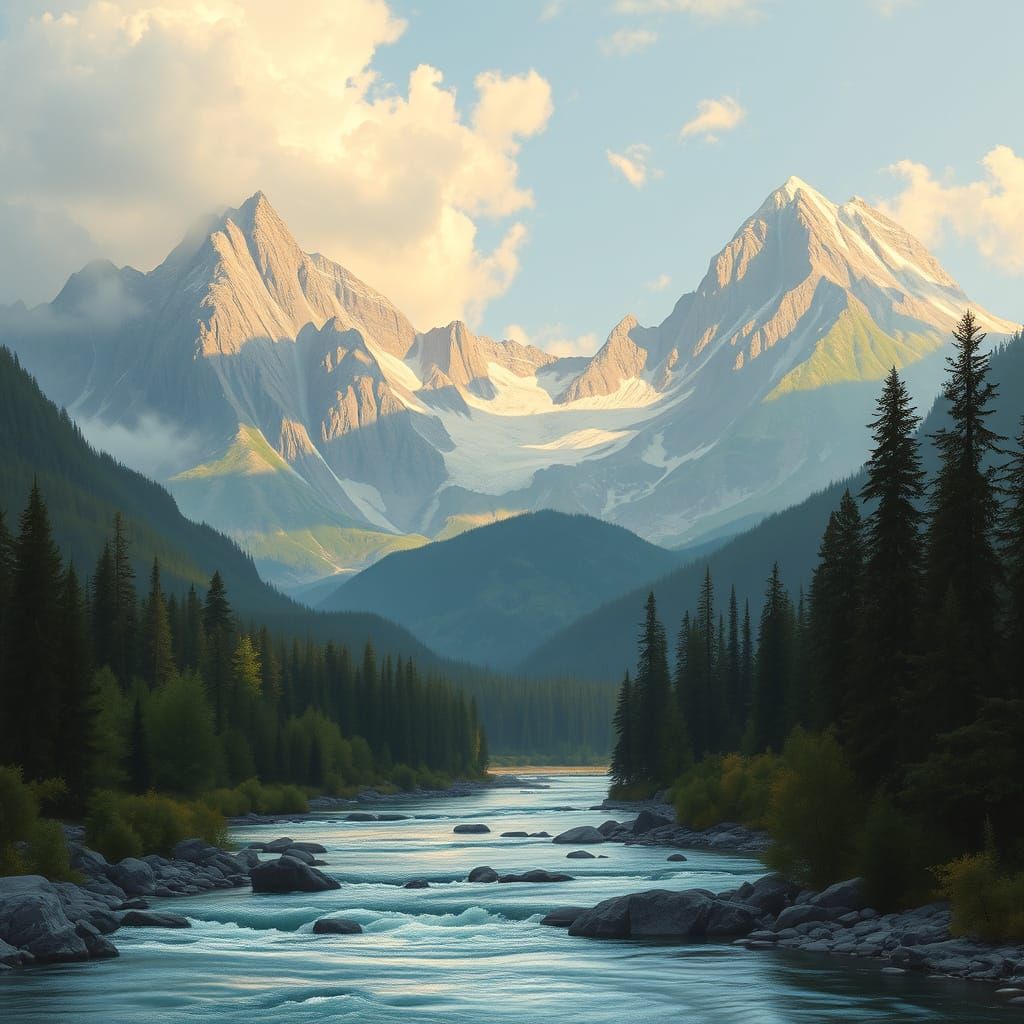 Idyllic Mountain River Landscape in Luminist Style