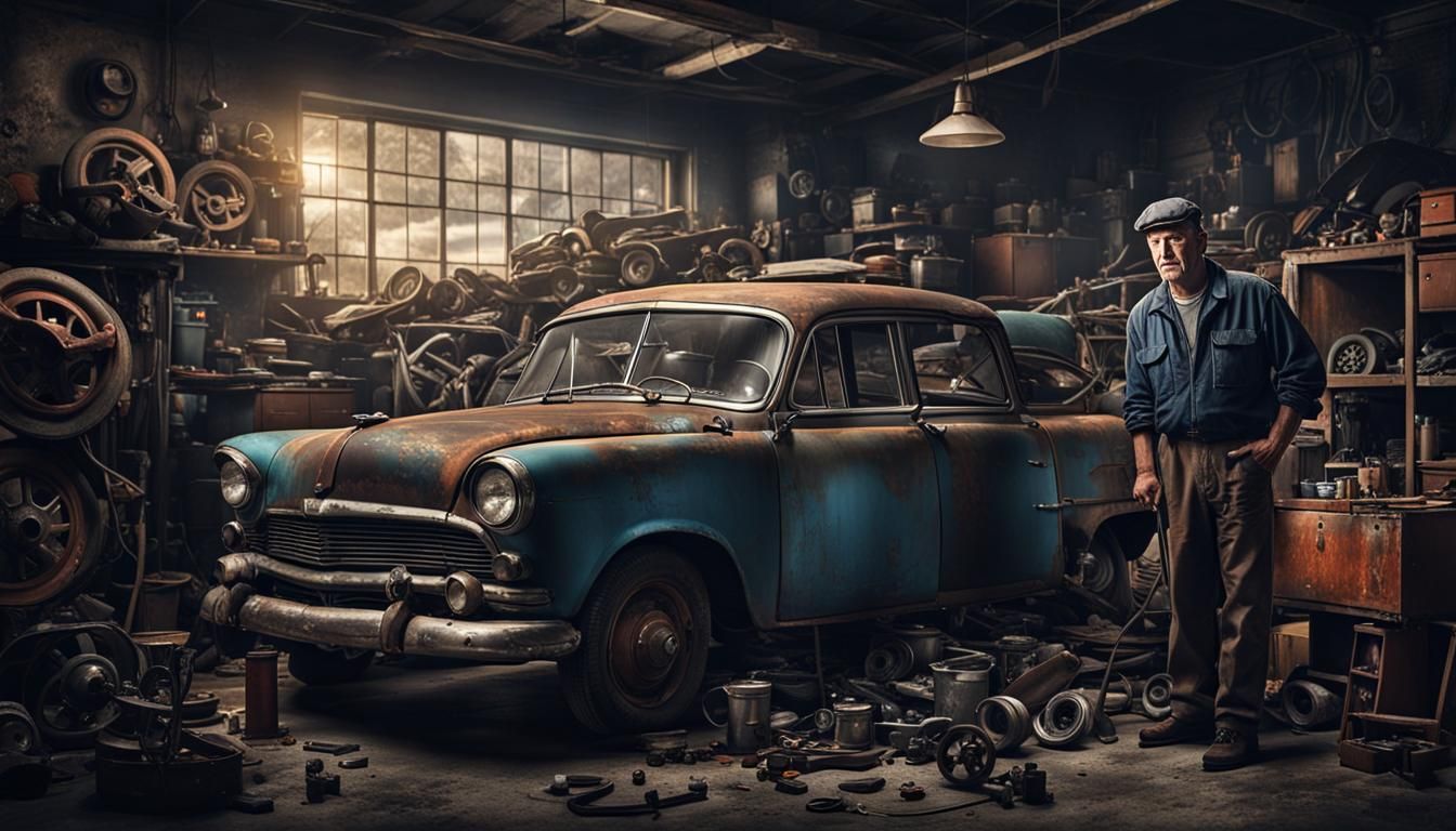 Clueless Mechanic in Dark Garage: Detailed Matte Painting
