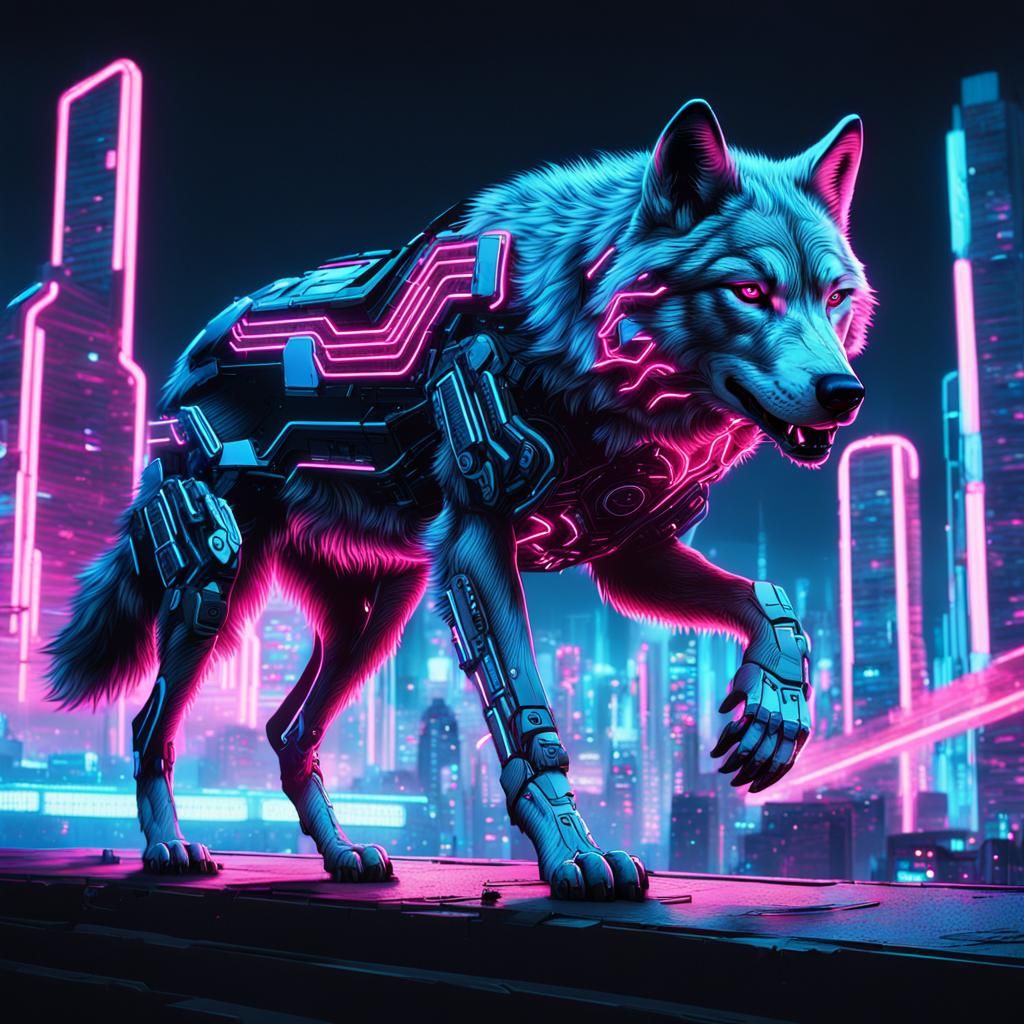 Cyberpunk Wolf Roams Neon Dystopian Cityscape
