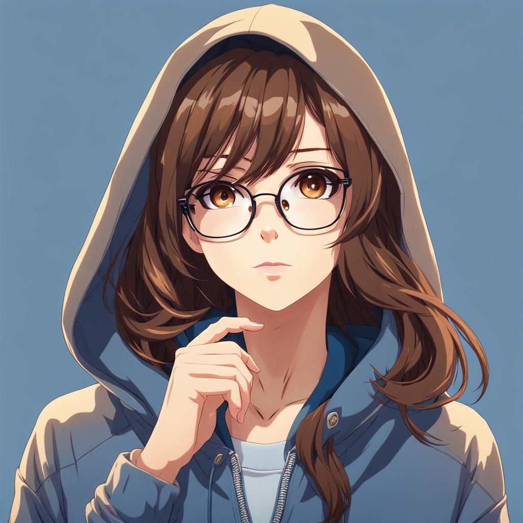 Anime Style Girl with Brown Hair and Glasses