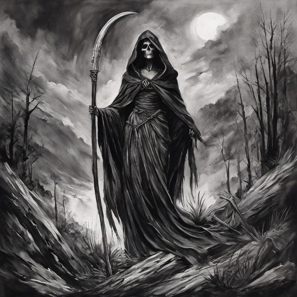 Grim Reaper in Black and White Gouache Style