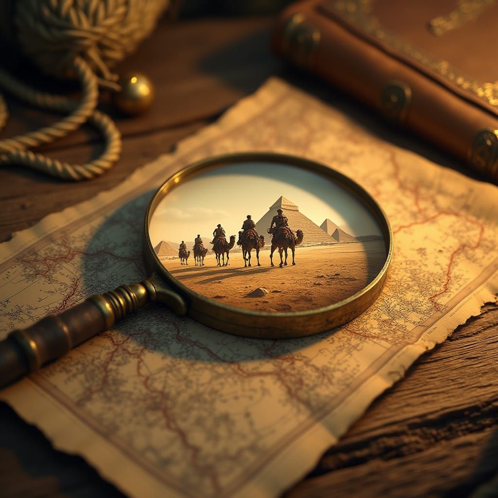 Vintage Explorer's Desk with Desert Caravan Scene