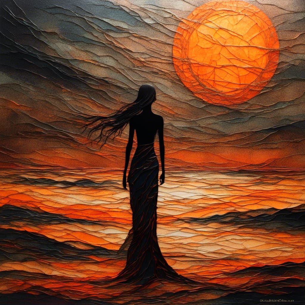 Silhouette Before Fiery Sunrise in Patchwork Style