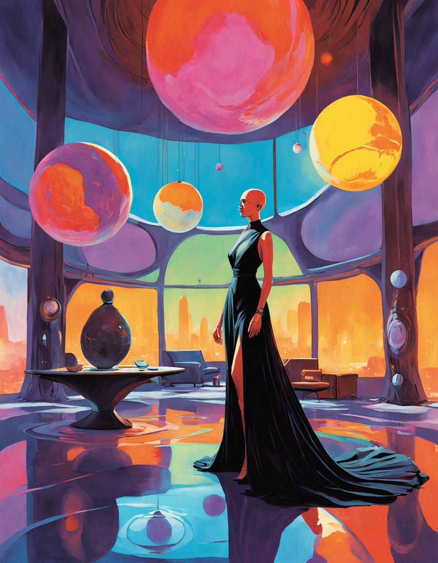 Mysterious Woman in Regal Room, as Vibrant Watercolor