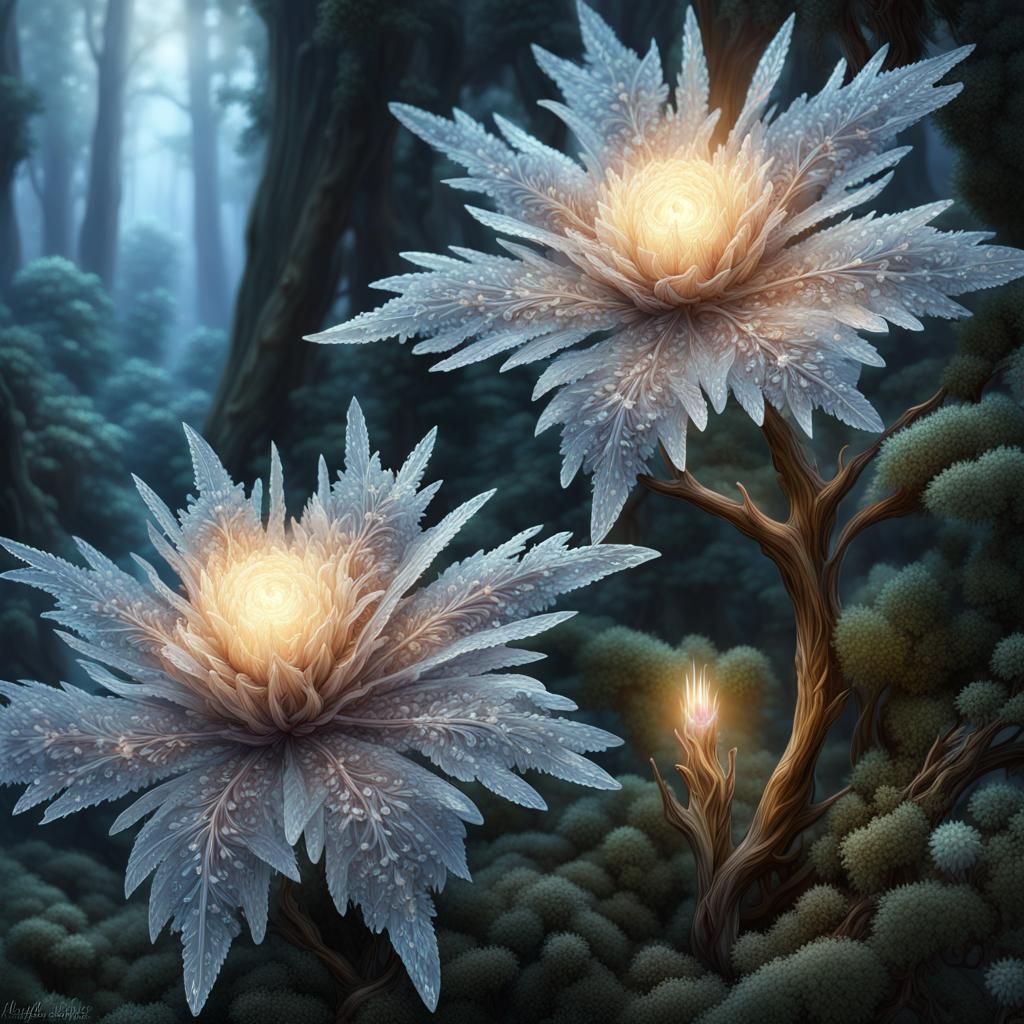 Luminous Twinkling Flowers in a Frozen Forest