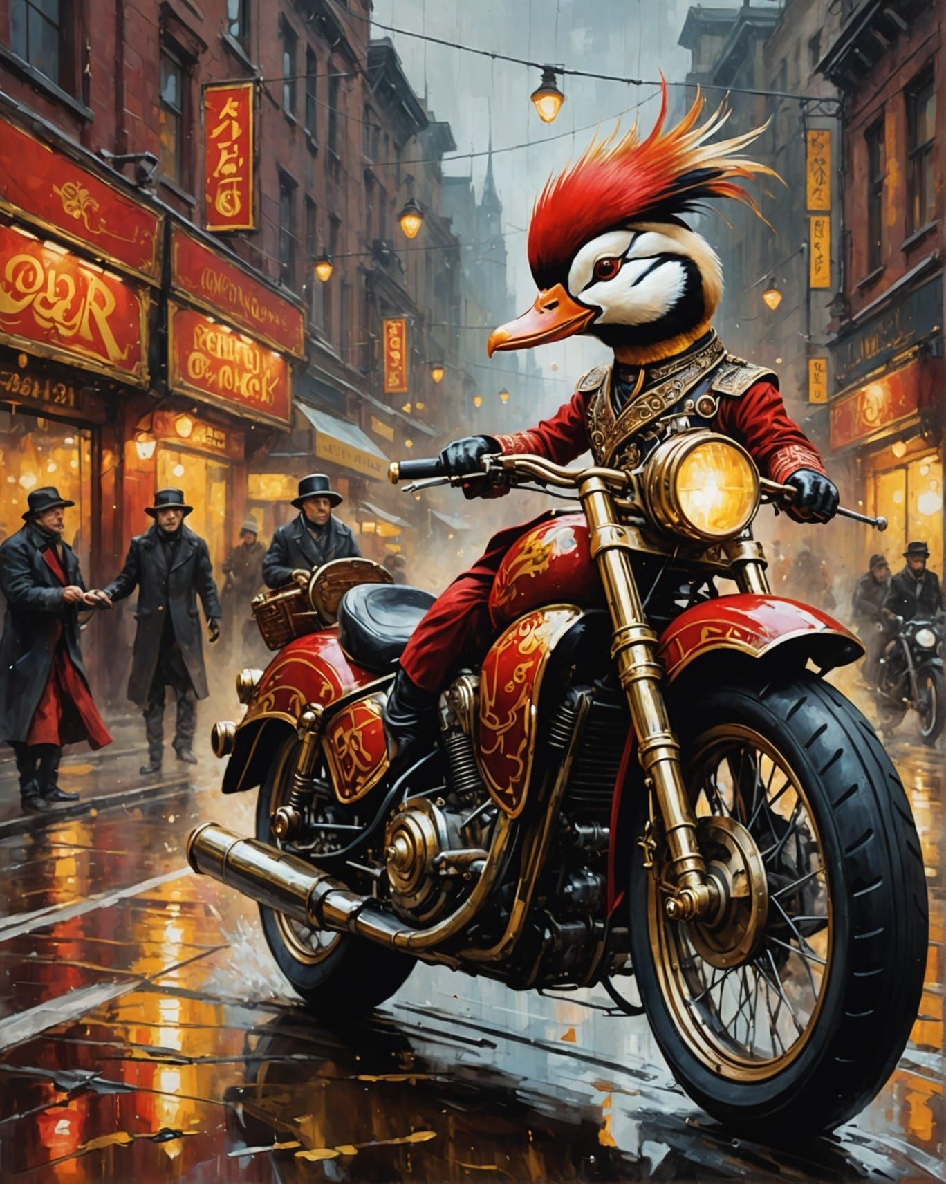 Steampunk Mandarin Duck Circus on Motorbike