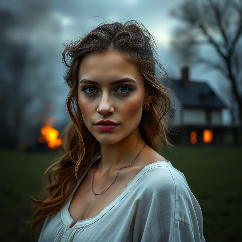 Surrealistic Portrait of a Woman Amidst a Burning Background