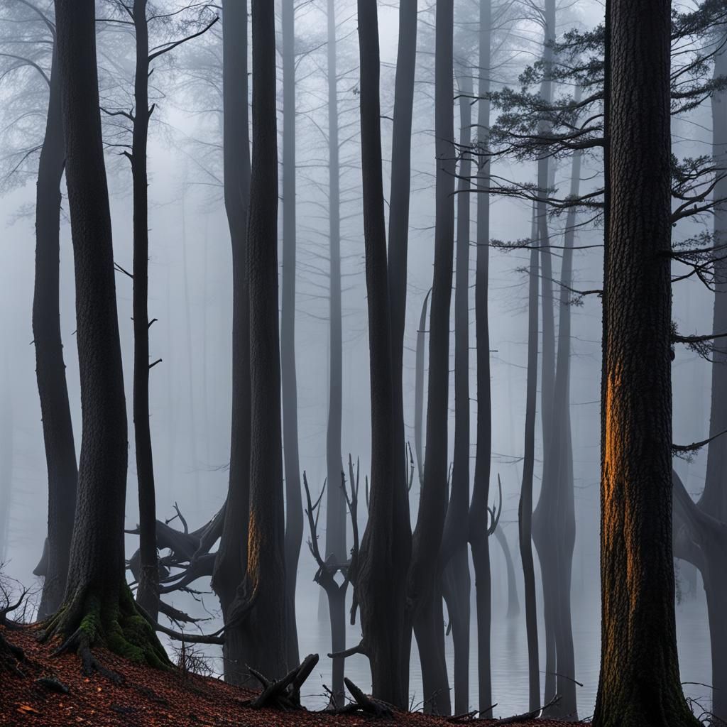 Misty Forest with Dark Lake and Trees