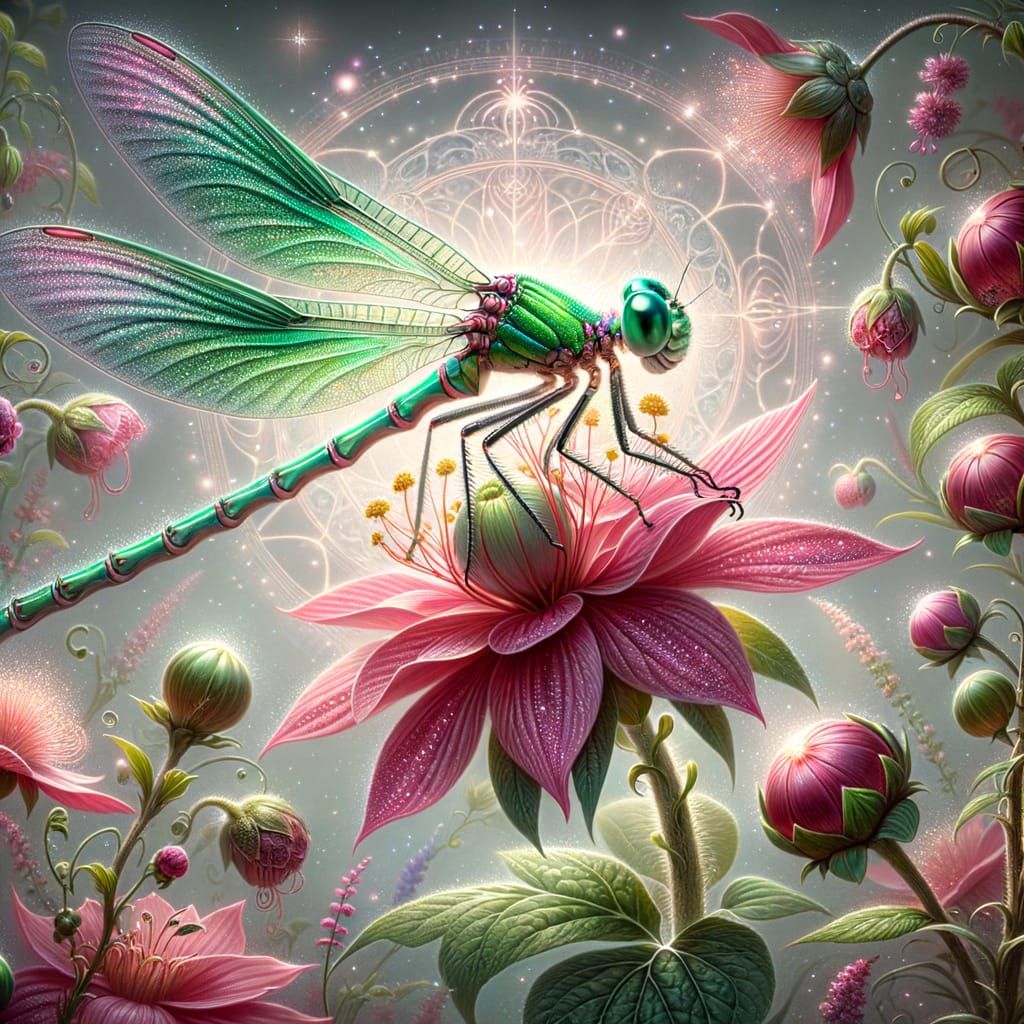 Whimsical Victorian-Style Dragonfly Portrait on a Pink Flowe...
