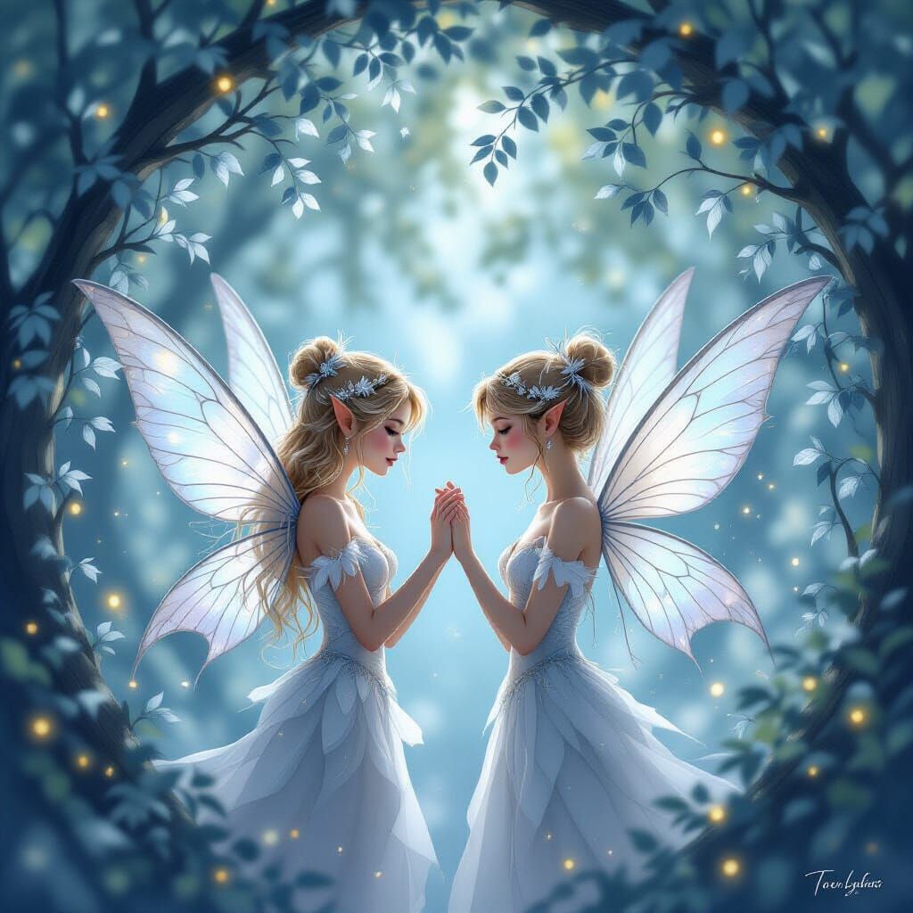 Two Fairies Under Silver Trees with Starlight