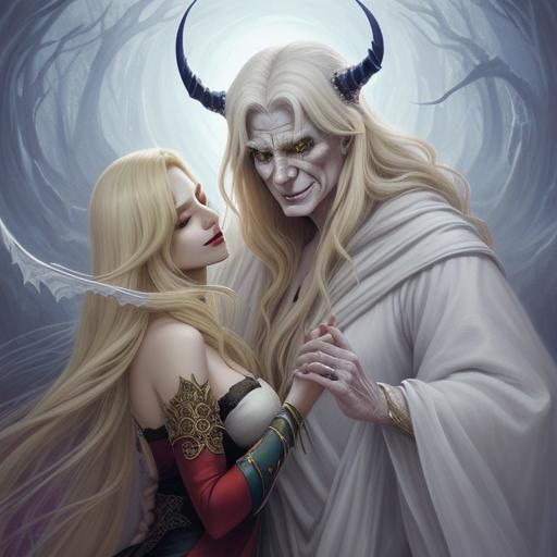 Sensual Demons with Happy Old Man: Fantasy Art