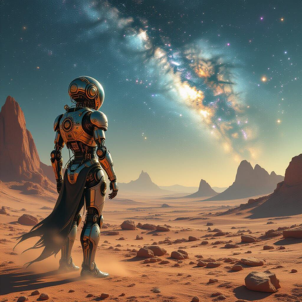 Steampunk Automaton on Alien World Gazing at Nebula
