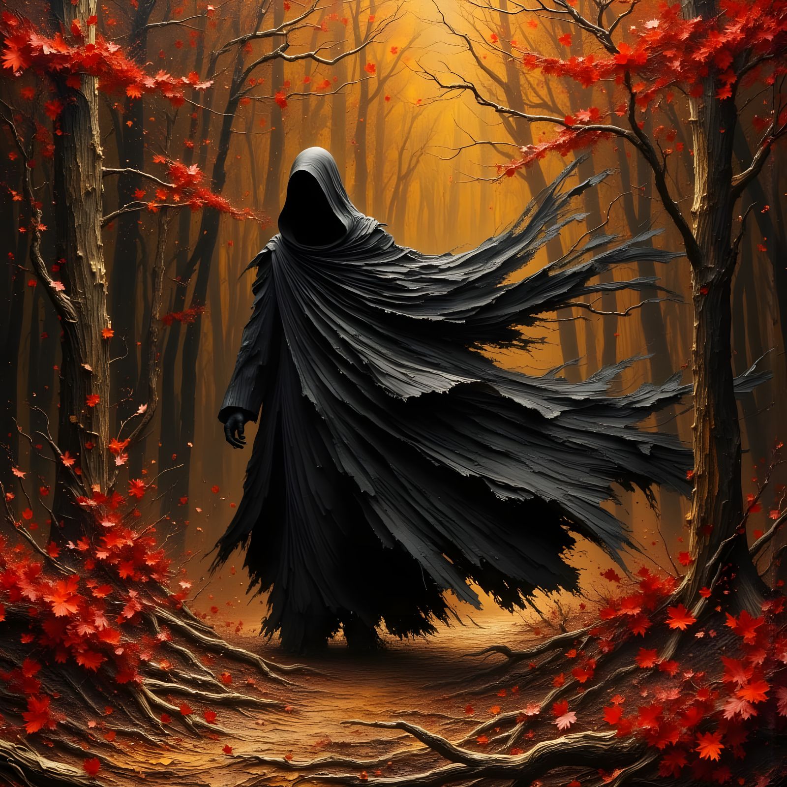 Abstract Old Woman in Dark Autumn Forest Oil Painting