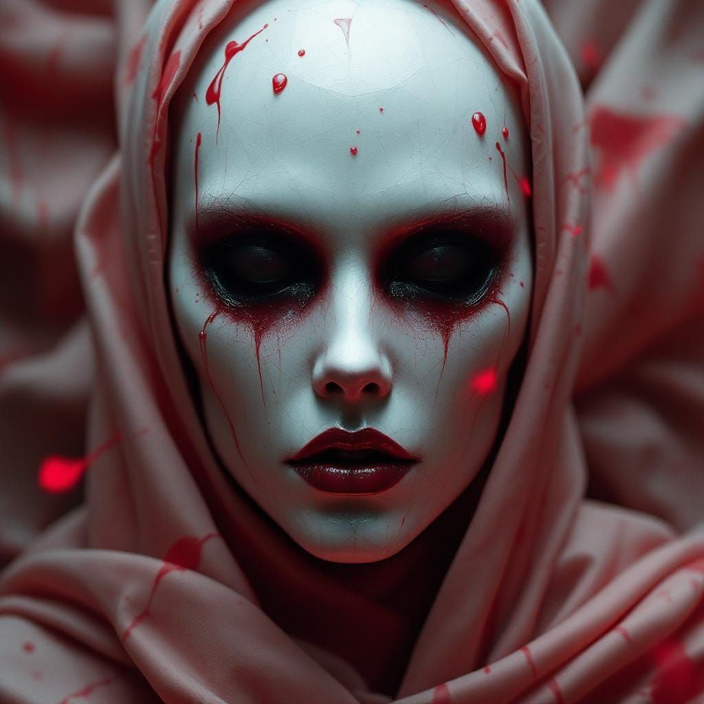Blood Red Porcelain Mask in Photorealistic Style
