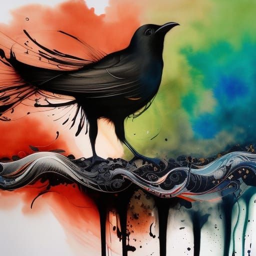 Colorful Black Birds in Flowing Gouache Painting