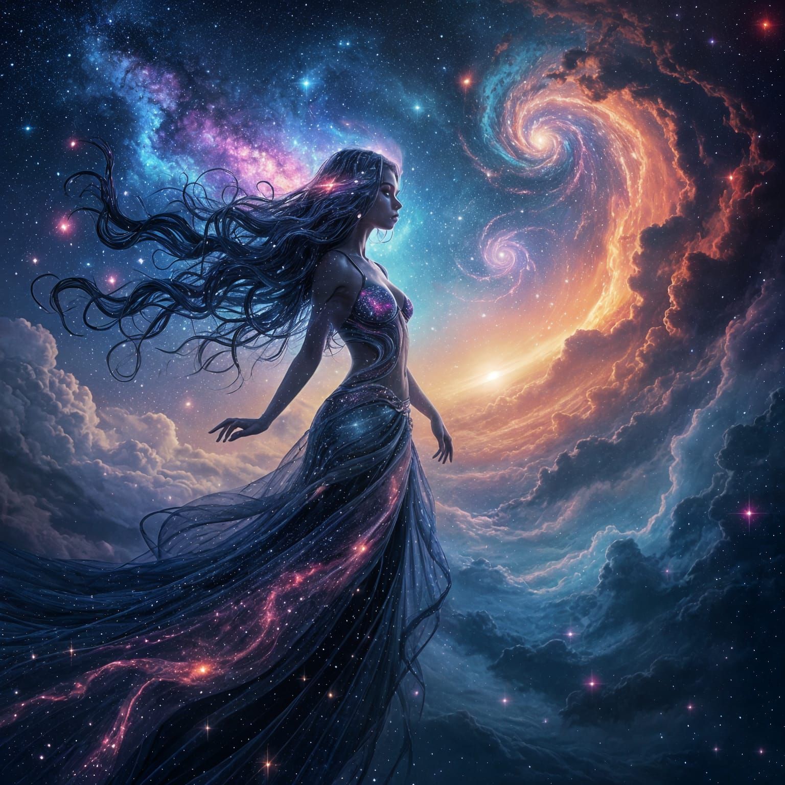 Celestial Woman Amidst Cosmic Abyss