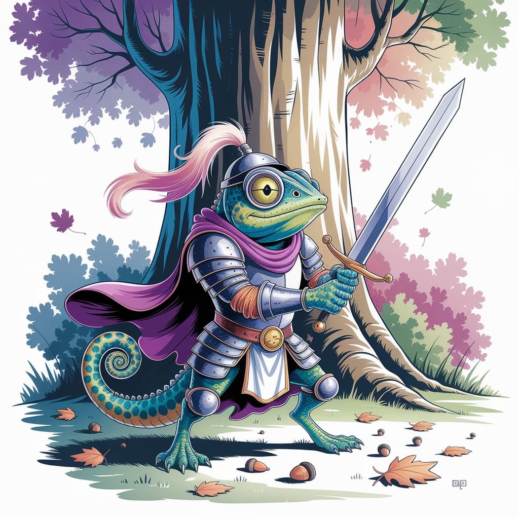 Whimsical Chameleon Knight in Fantasy Forest