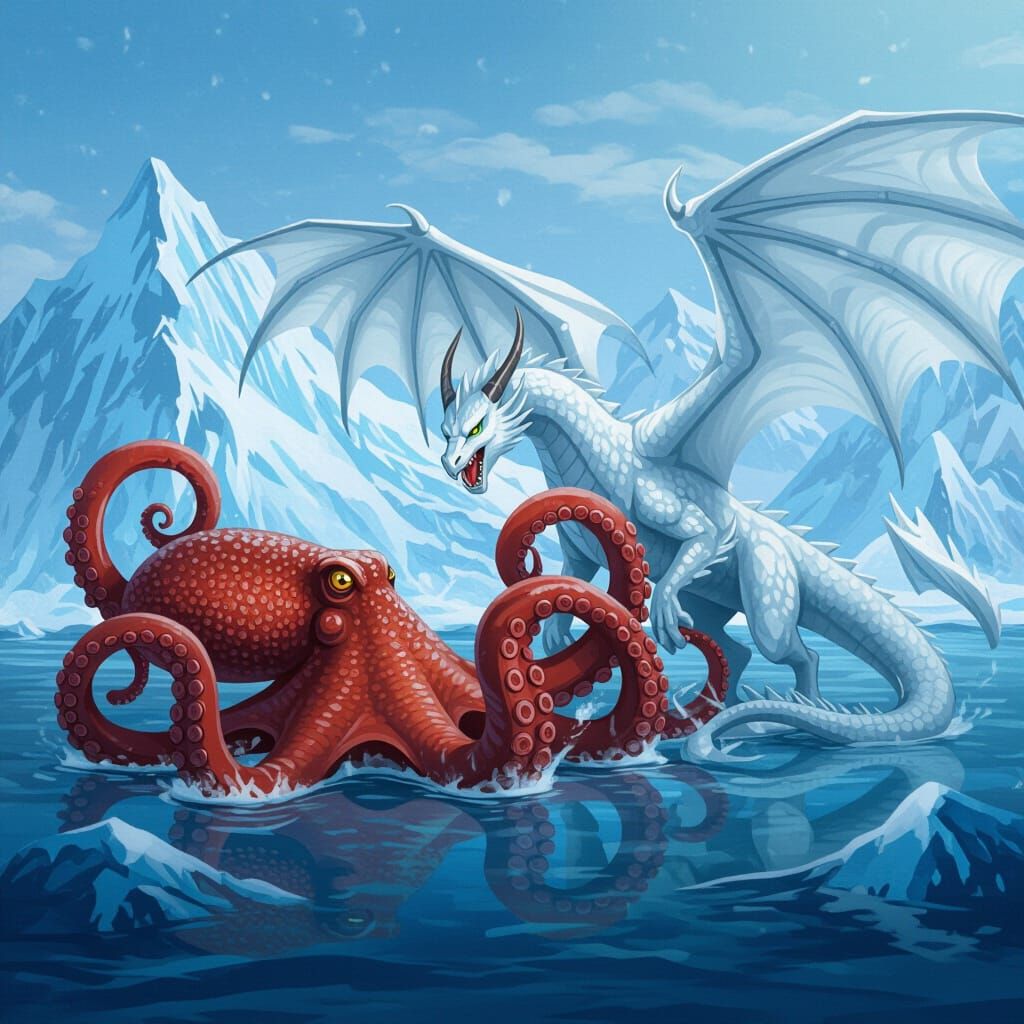 Evil Octopus Fighting Arctic Dragon with Wings