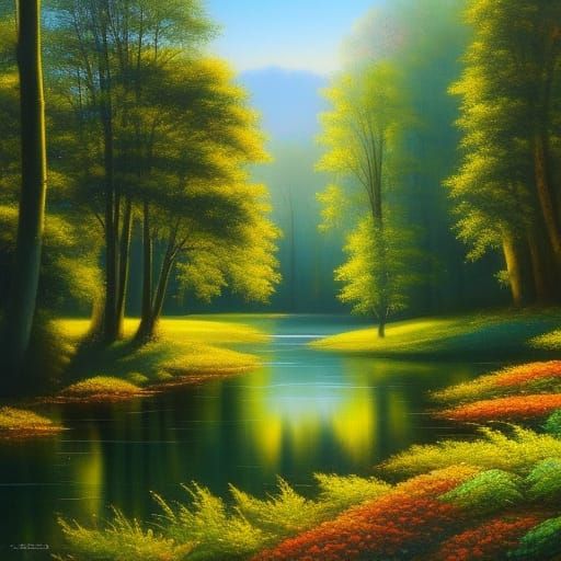 Sunlit Forest Pond in Neo-Impressionist Style