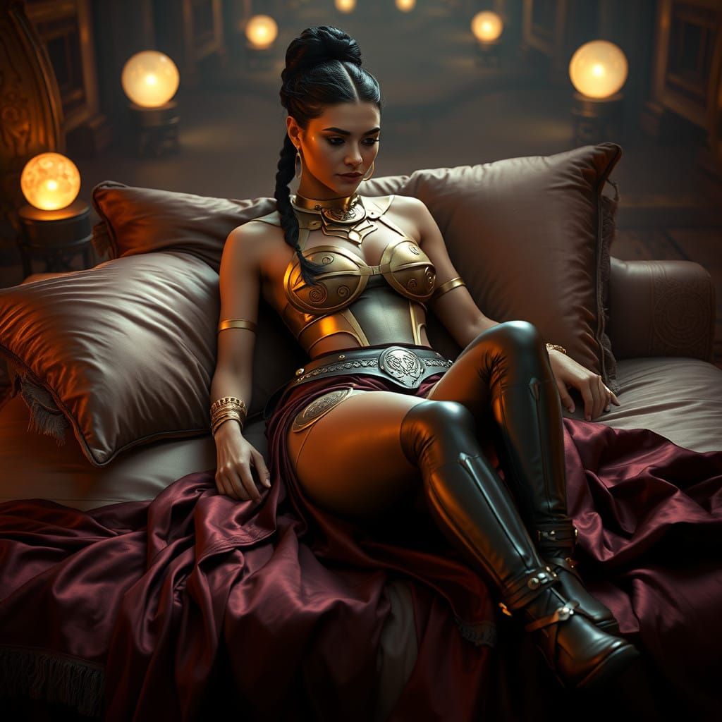 Regal Woman in Luxurious Chamber with Mandalorian Armor Acce...