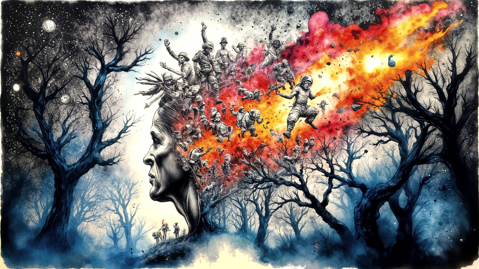 Vibrant Characters Erupting From a Profile Face in Ink Wash ...