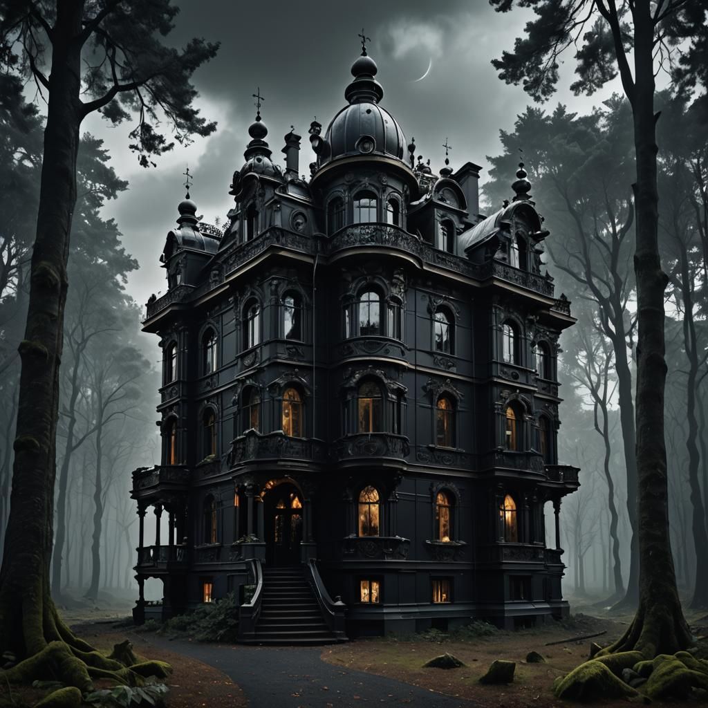 Futuristic Baroque House in Dark Forest