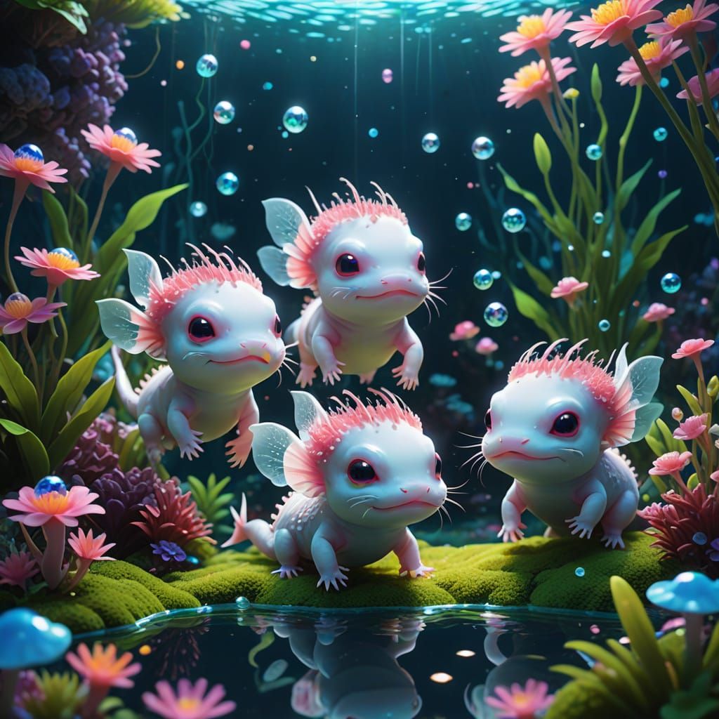 Vibrant Chibi Axolotls in Enchanted Underwater Oasis