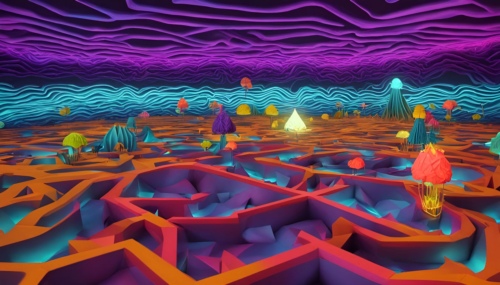 Colorful Origami Brain Beings in Fungal Labyrinth