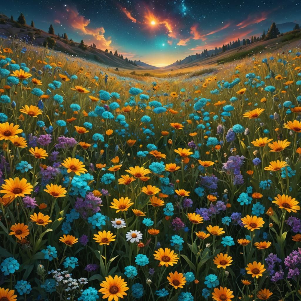 Lush Summer Flower Fields under Starry Sky