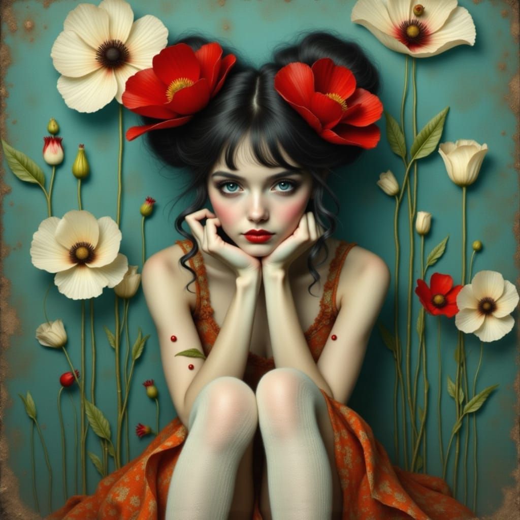 Surreal Woman with Poppies in Art Nouveau Style