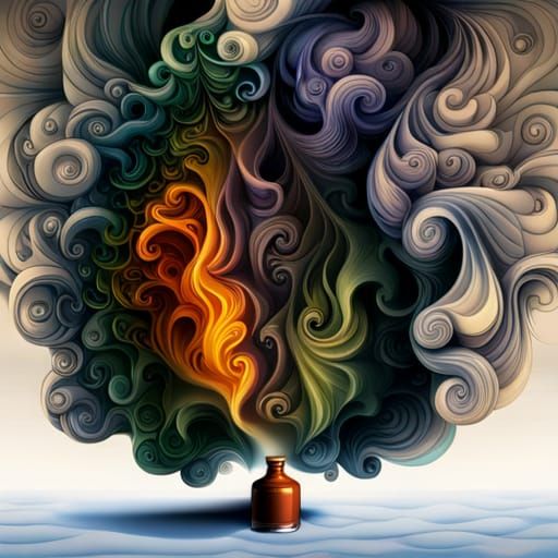 Surreal Bottle of Floating Faces in Smoke