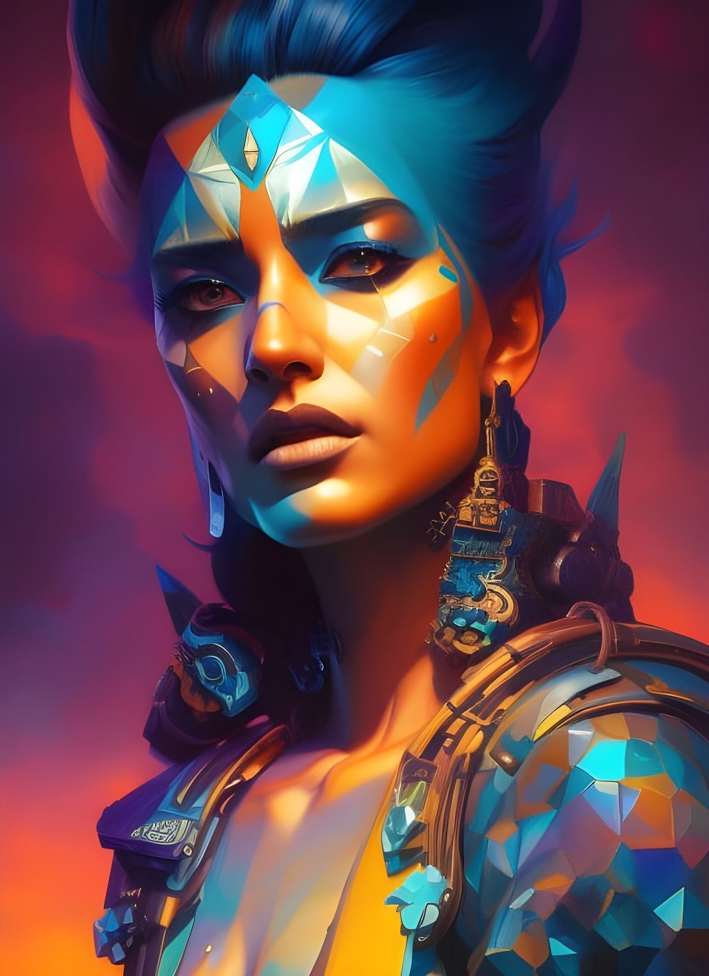 Fearless Warrior Portrait in Dystopian Polygon Art